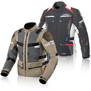 Two touring motorcycle jackets with ventilation, protectors and lots of pockets in beige and black-red.